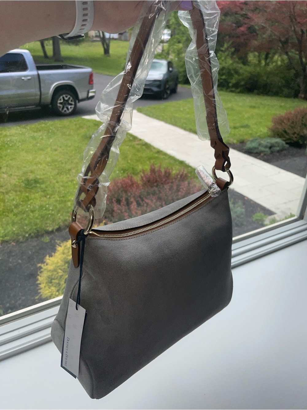 Dooney & Bourke Gray Suede Chloe 30 Shoulder Bag with Brown Leather Strap NWT - Picture 5 of 11